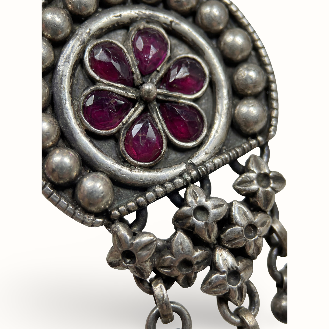 Full Bloom — Ruby Kundan Stud Earrings with Jhallar in Oxidised Silver
