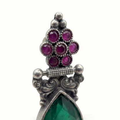Green Flag — Emerald & Ruby Drop Earrings in Oxidised Silver