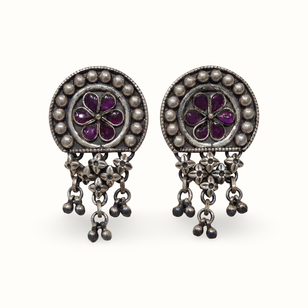 Full Bloom — Ruby Kundan Stud Earrings with Jhallar in Oxidised Silver