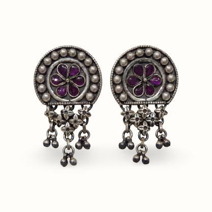 Full Bloom — Ruby Kundan Stud Earrings with Jhallar in Oxidised Silver