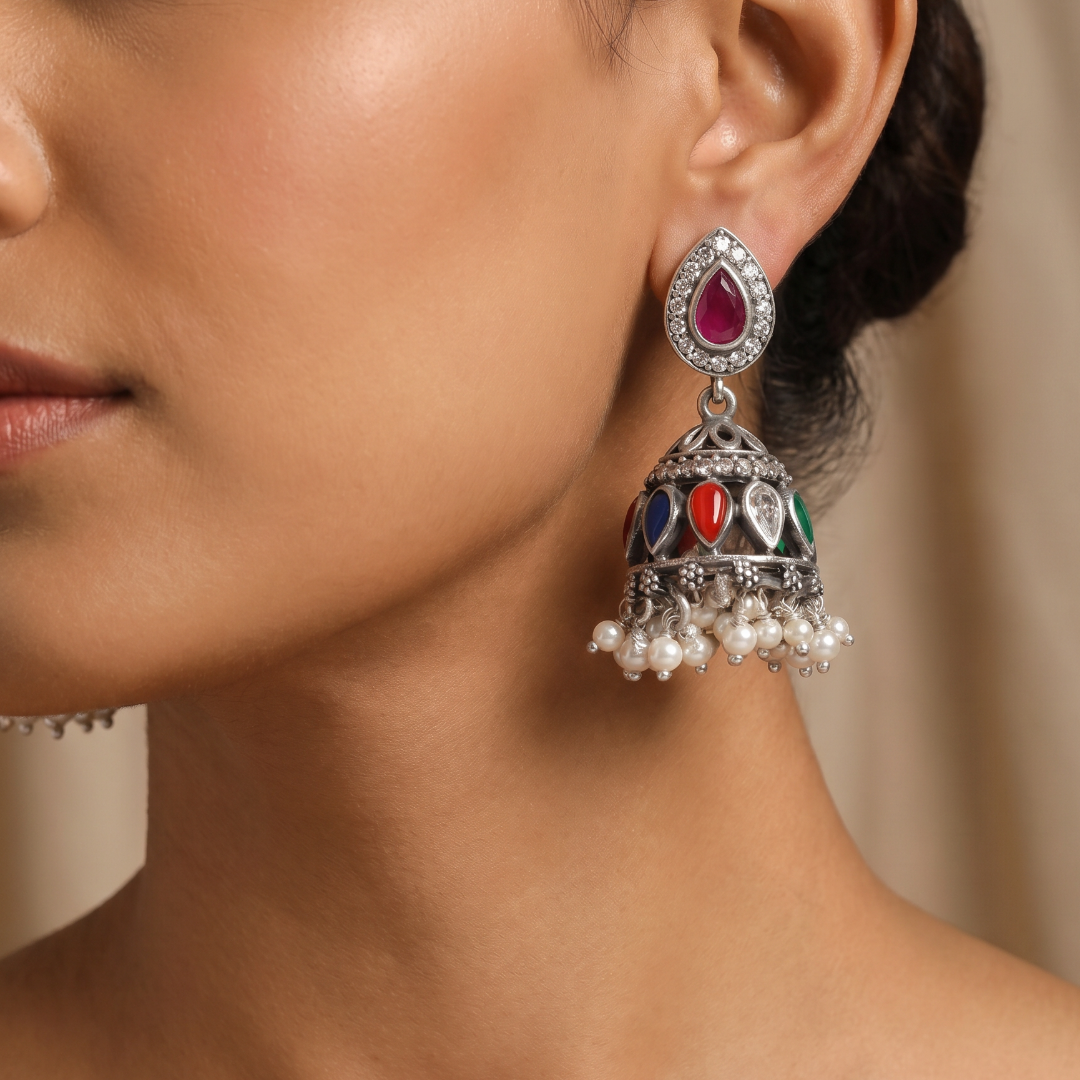 Full House — Navratna Jhumka in Oxidised Silver with Pearl Drops