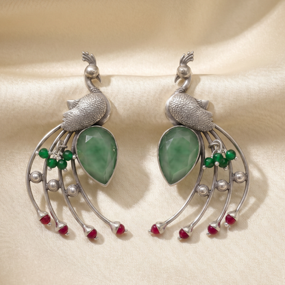 Tail Feathers Out — Peacock Earrings in Oxidised Silver
