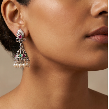 Pearl Curtain — Kundan Jhumka in Oxidised Silver