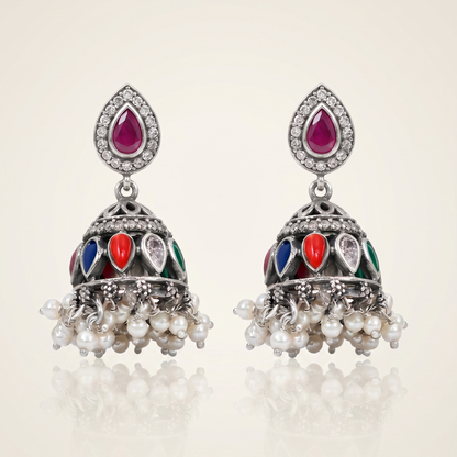 Full House — Navratna Jhumka in Oxidised Silver with Pearl Drops