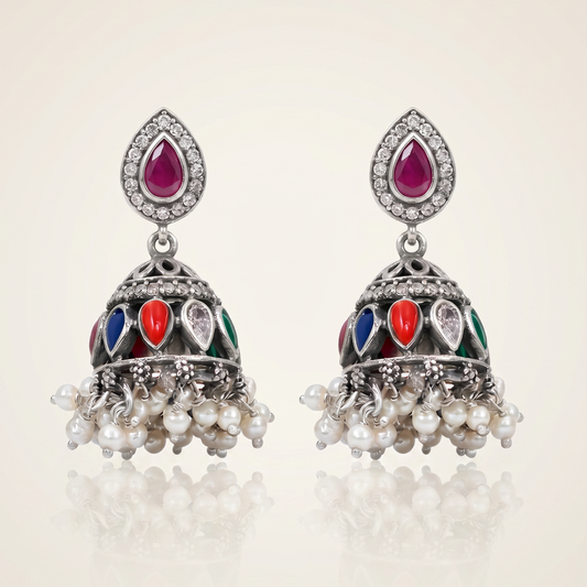 Full House — Navratna Jhumka in Oxidised Silver with Pearl Drops