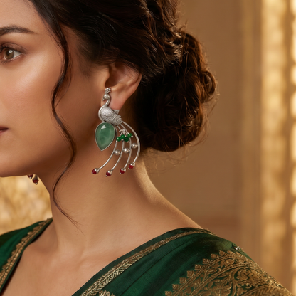 Tail Feathers Out — Peacock Earrings in Oxidised Silver