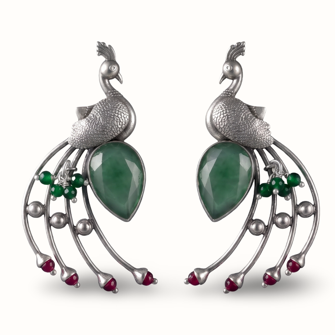 Tail Feathers Out — Peacock Earrings in Oxidised Silver