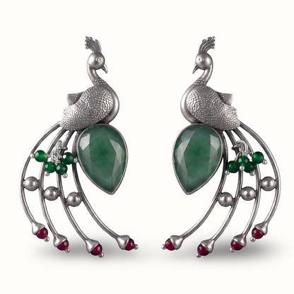 Tail Feathers Out — Peacock Earrings in Oxidised Silver