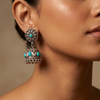 Firoza Hit — Jhumka Earrings in Oxidised Silver