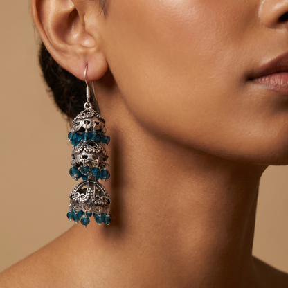 Triple Threat — Three-Tier Jhumka in Oxidised Silver with Firoza Crystals