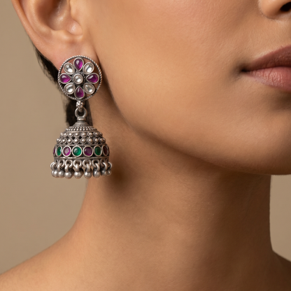 Flower Power — Kundan Jhumka in Oxidised Silver