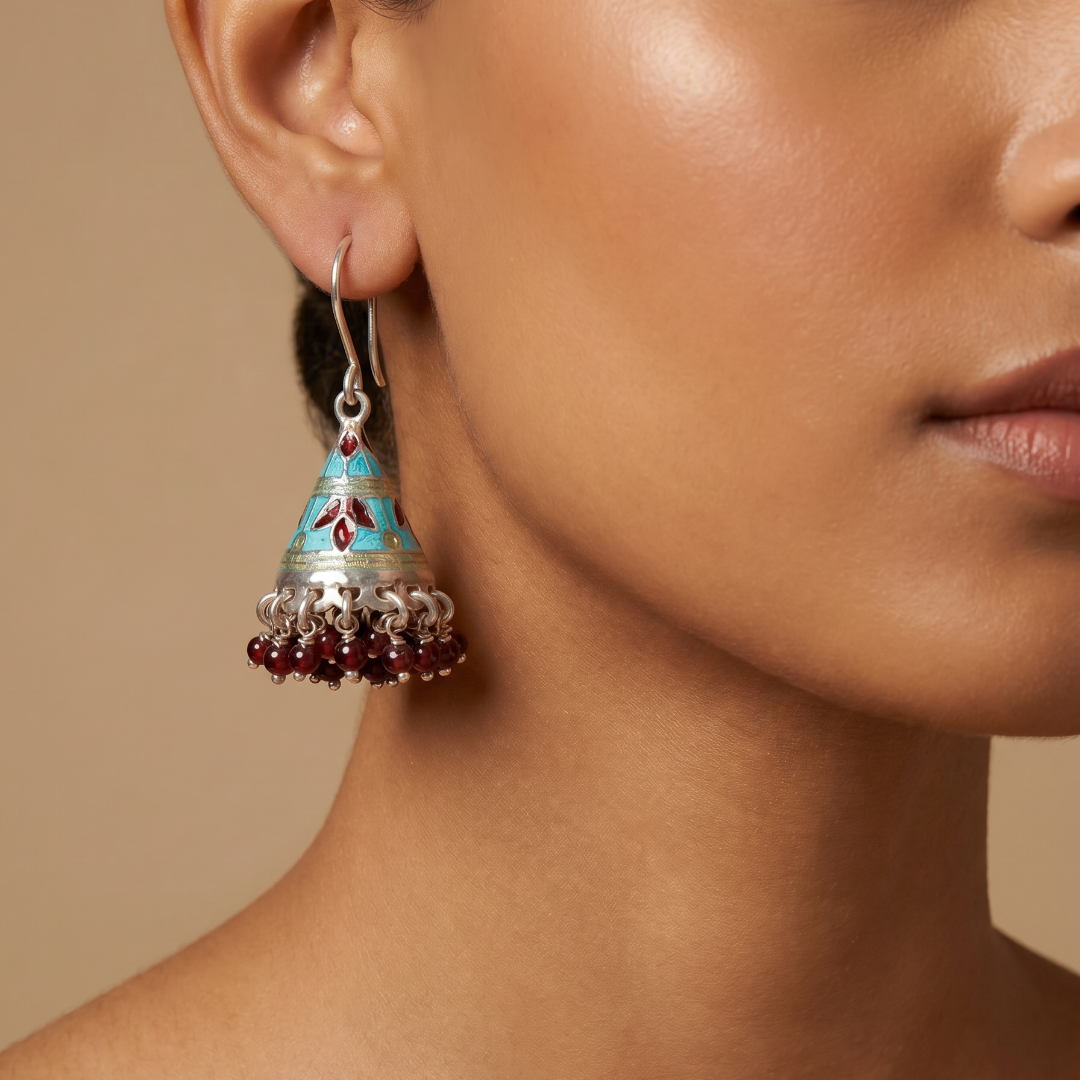 Stained Glass Mood — Meenakari Jhumka in Silver Polish