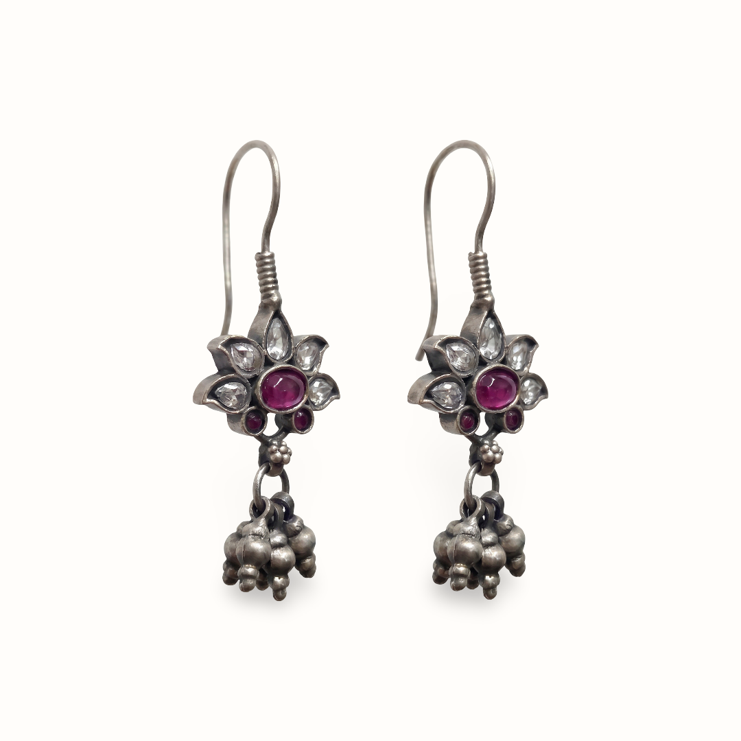 Petal Push — Kundan Flower Drop Earrings in Oxidised Silver