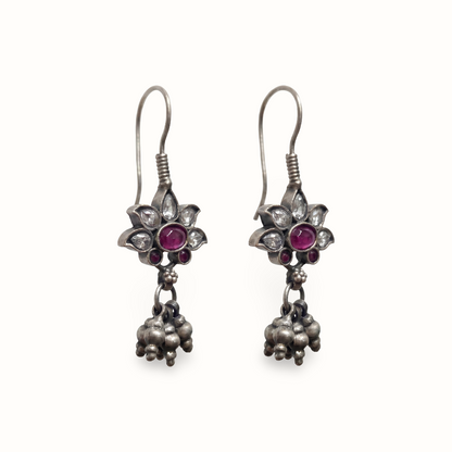 Petal Push — Kundan Flower Drop Earrings in Oxidised Silver