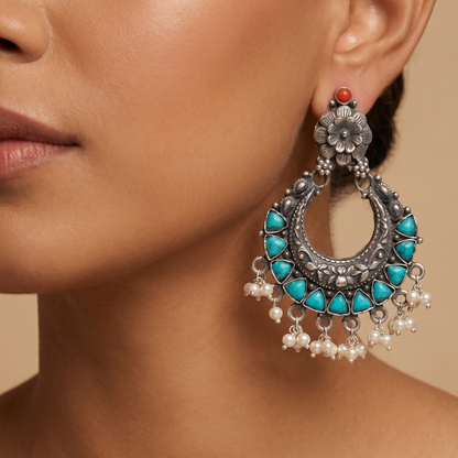 Firoza & Pearls — Chandbali Earrings in Oxidised Silver