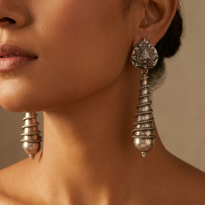 Coiled Up — Lotus Stud Long Drop Earrings in Oxidised Silver