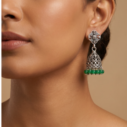 Goes With Everything — Jali Jhumka in Oxidised Silver with Green Beads