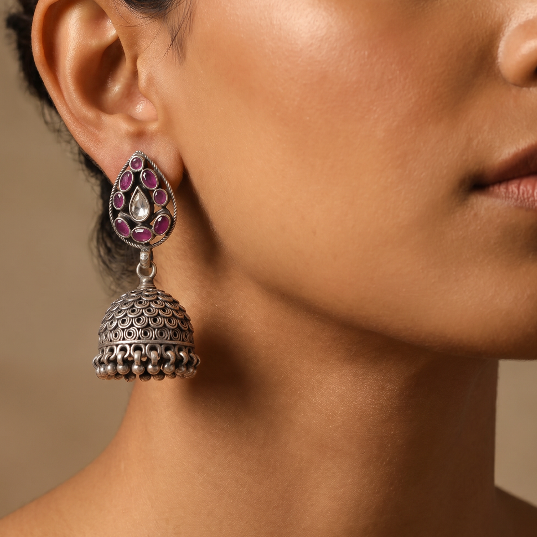 Full Drama — Ruby & Kundan Jhumka in Oxidised Silver