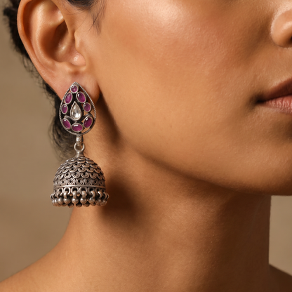 Full Drama — Ruby & Kundan Jhumka in Oxidised Silver