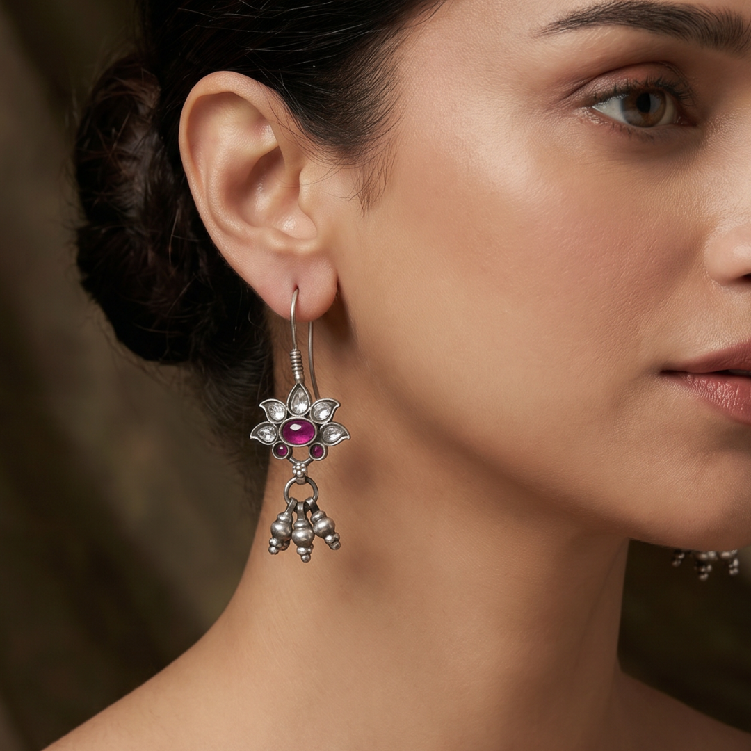 Petal Push — Kundan Flower Drop Earrings in Oxidised Silver