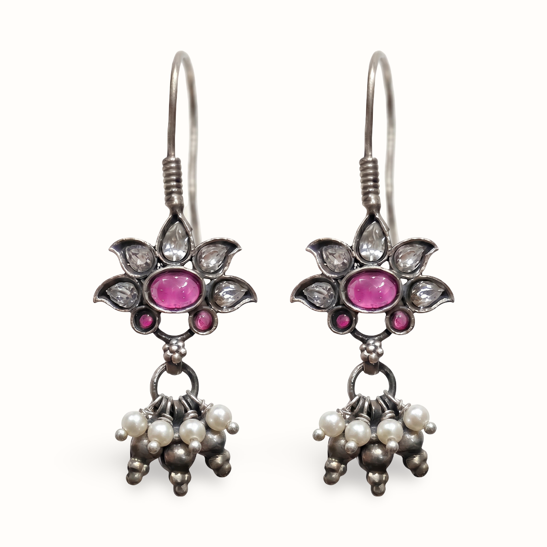 Petal Push — Kundan Flower Drop Earrings in Oxidised Silver