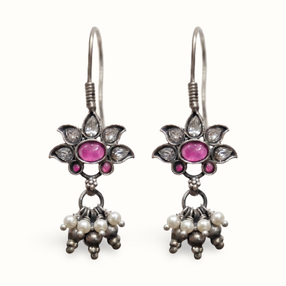 Petal Push — Kundan Flower Drop Earrings in Oxidised Silver