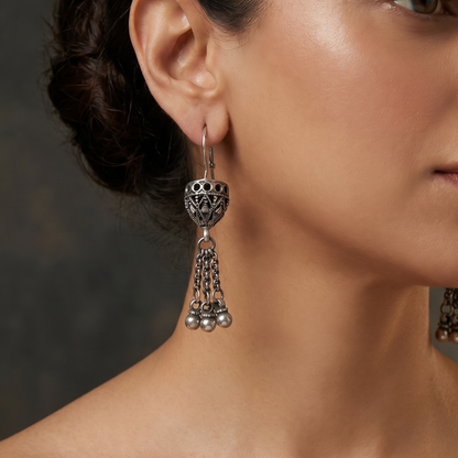 Little Riot — Jali Dome Chain-Tassel Earrings in Oxidised Silver