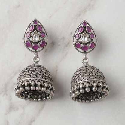 Full Drama — Ruby & Kundan Jhumka in Oxidised Silver