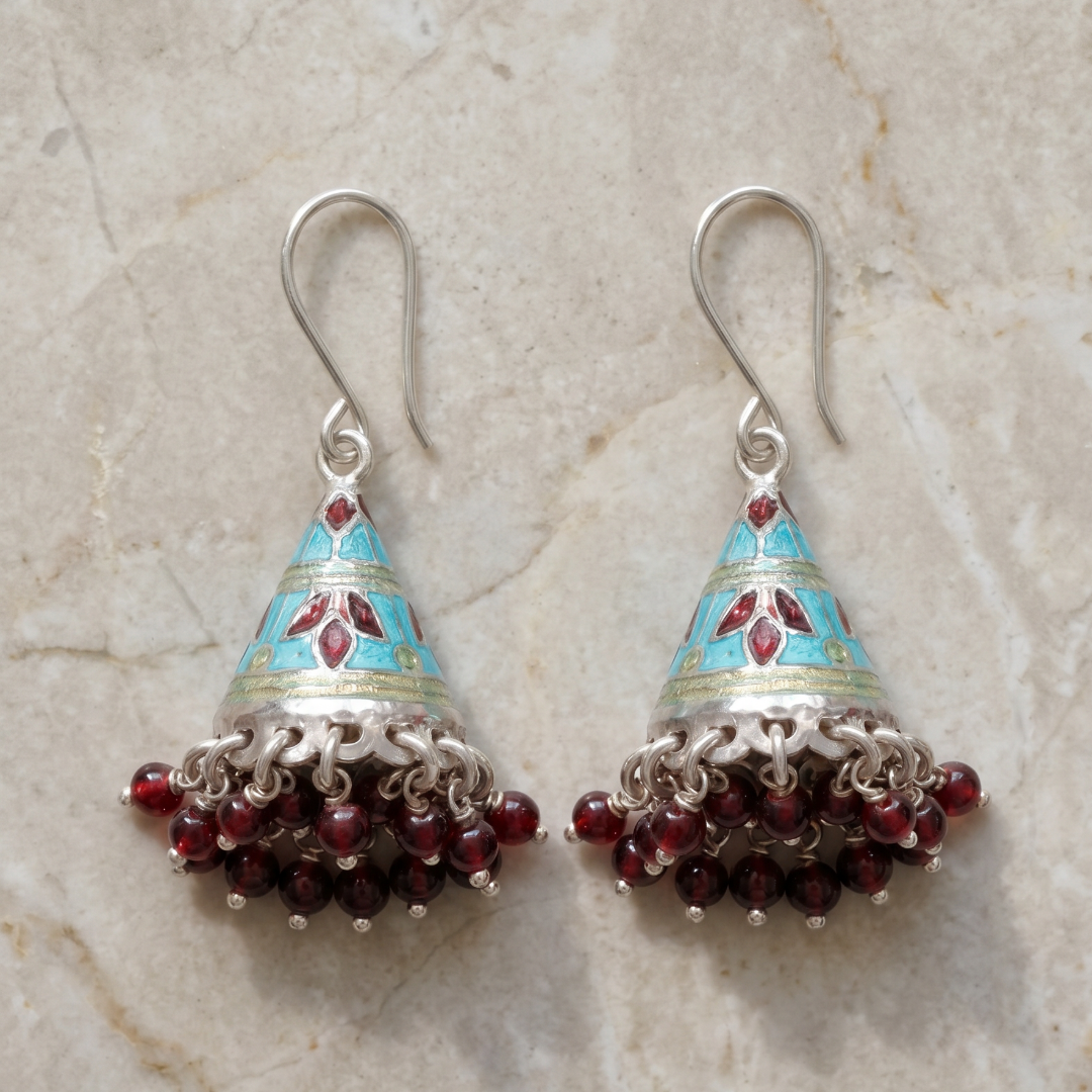 Stained Glass Mood — Meenakari Jhumka in Silver Polish