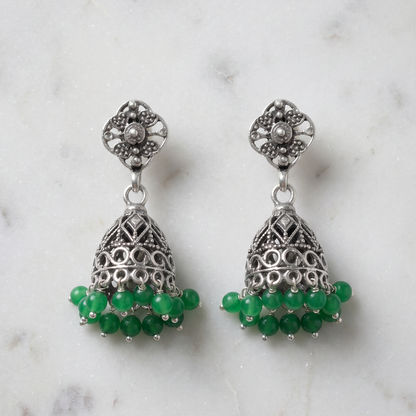 Goes With Everything — Jali Jhumka in Oxidised Silver with Green Beads