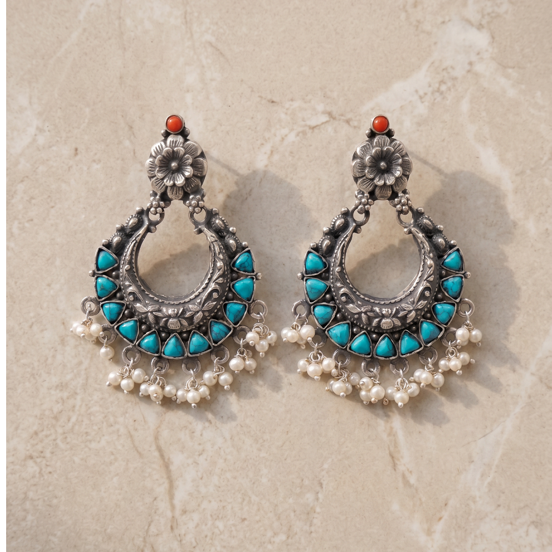 Firoza & Pearls — Chandbali Earrings in Oxidised Silver