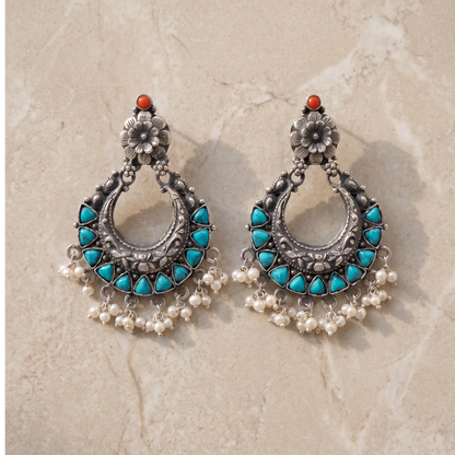 Firoza & Pearls — Chandbali Earrings in Oxidised Silver