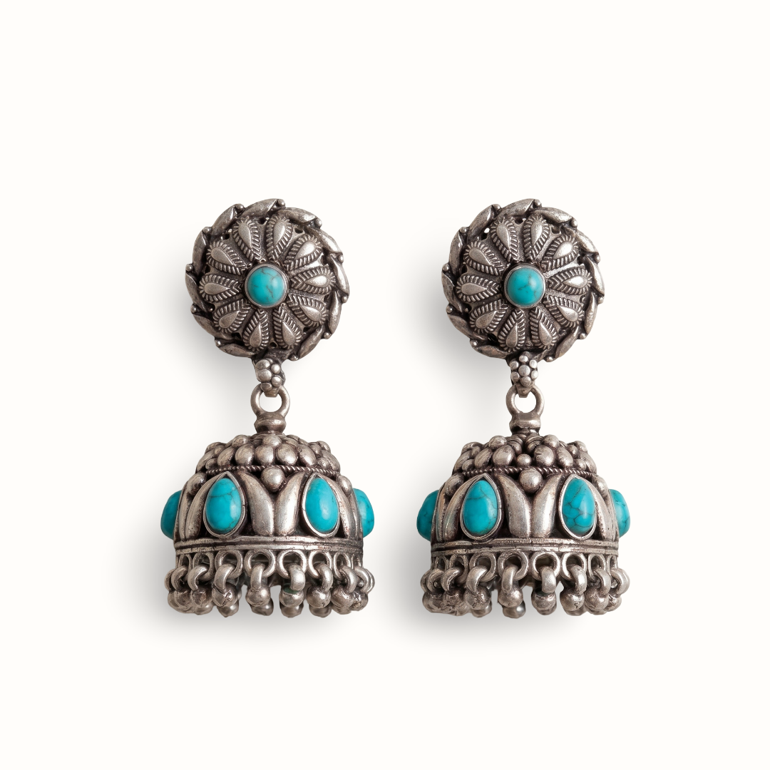 Firoza Hit — Jhumka Earrings in Oxidised Silver