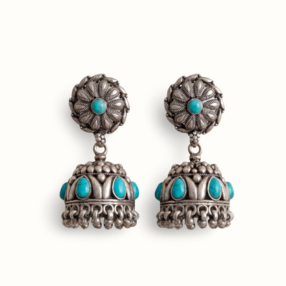 Firoza Hit — Jhumka Earrings in Oxidised Silver