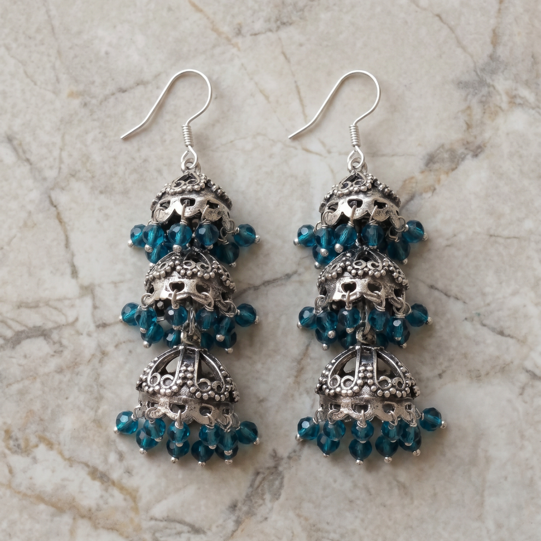 Triple Threat — Three-Tier Jhumka in Oxidised Silver with Firoza Crystals