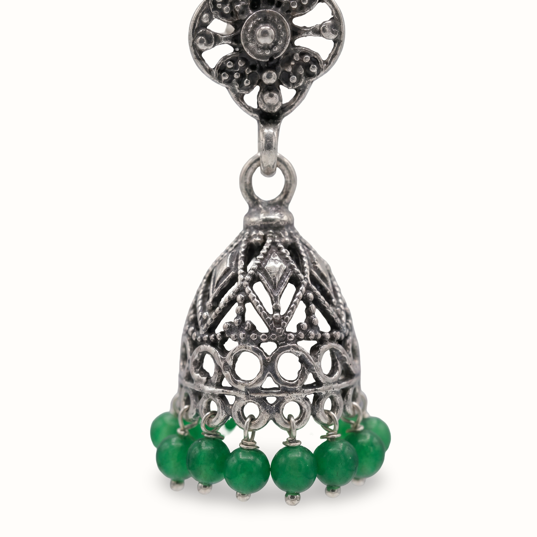 Goes With Everything — Jali Jhumka in Oxidised Silver with Green Beads