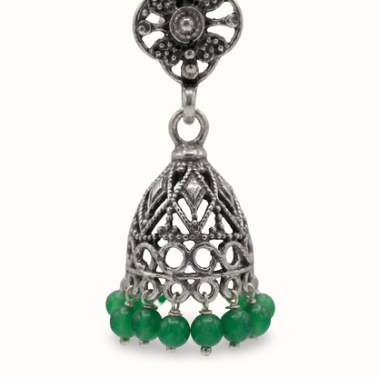 Goes With Everything — Jali Jhumka in Oxidised Silver with Green Beads