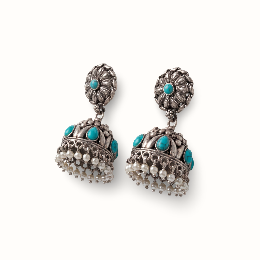 Firoza Hit — Jhumka Earrings in Oxidised Silver