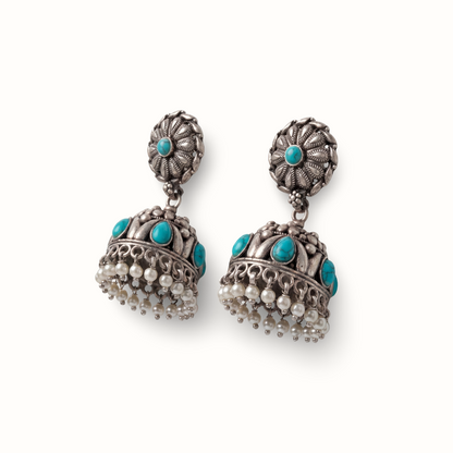 Firoza Hit — Jhumka Earrings in Oxidised Silver