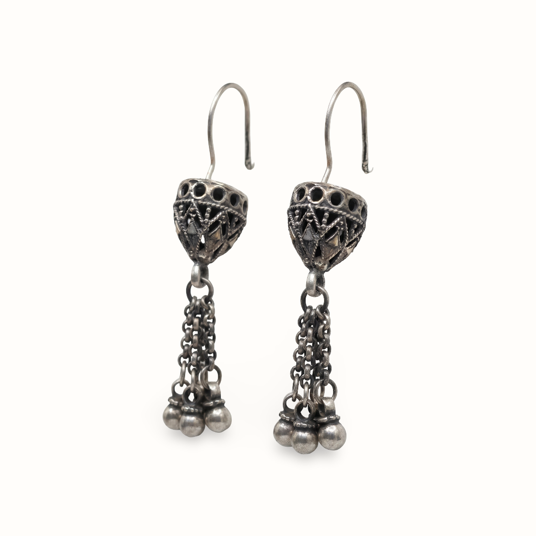 Little Riot — Jali Dome Chain-Tassel Earrings in Oxidised Silver