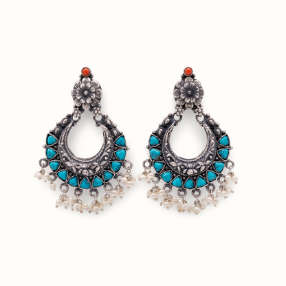Firoza & Pearls — Chandbali Earrings in Oxidised Silver