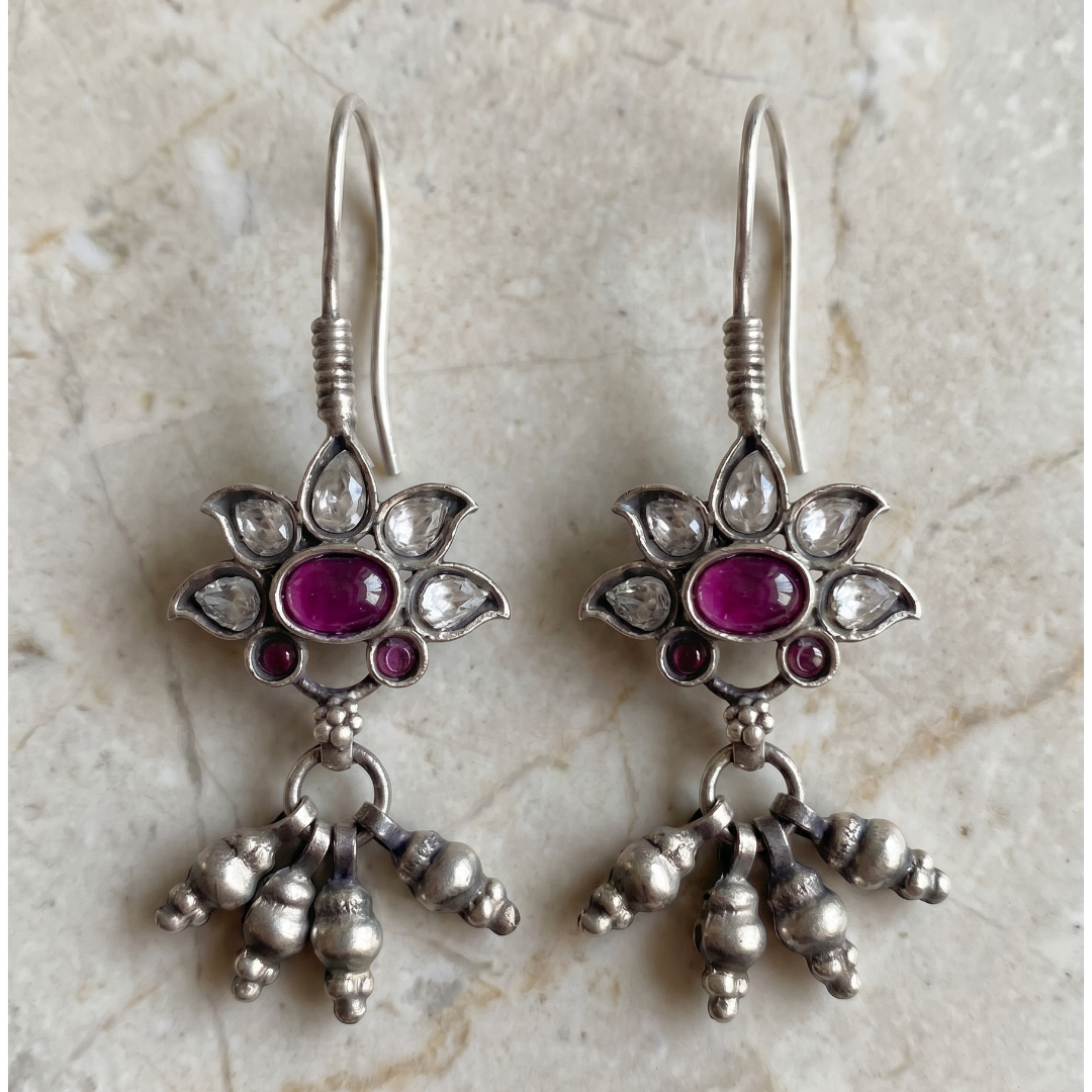 Petal Push — Kundan Flower Drop Earrings in Oxidised Silver