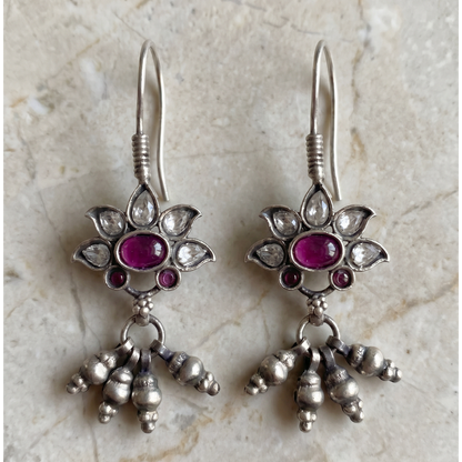 Petal Push — Kundan Flower Drop Earrings in Oxidised Silver