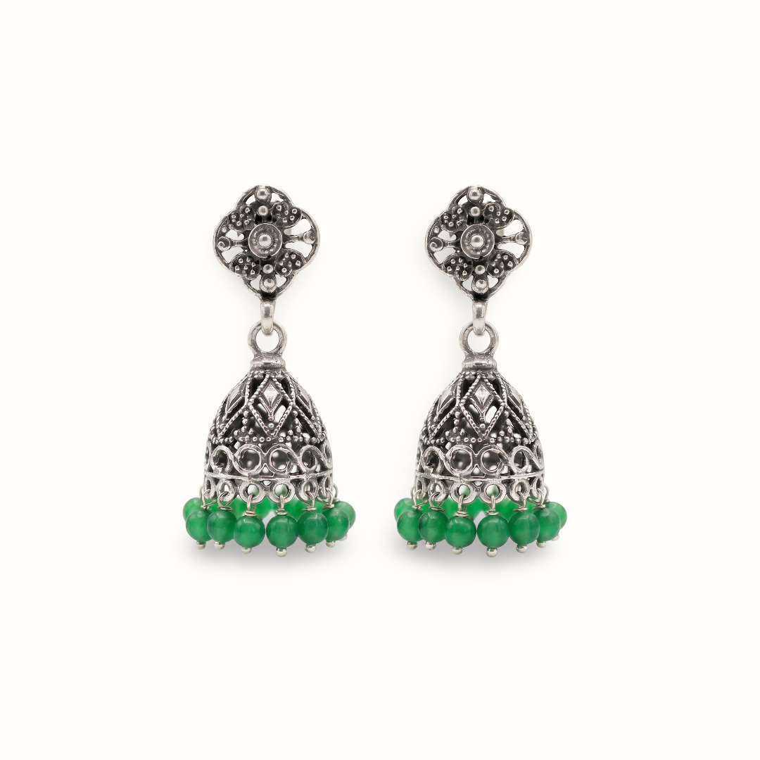 Goes With Everything — Jali Jhumka in Oxidised Silver with Green Beads