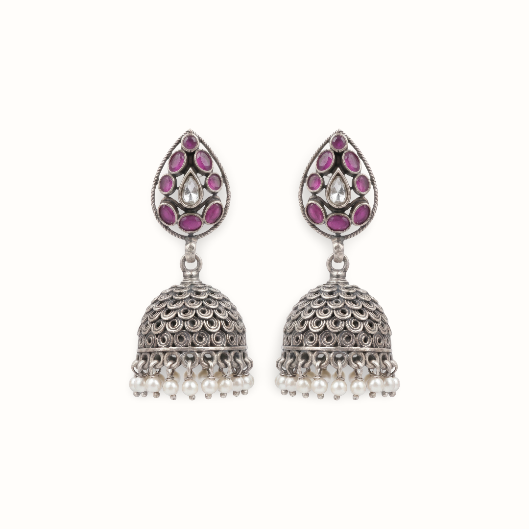 Full Drama — Ruby & Kundan Jhumka in Oxidised Silver
