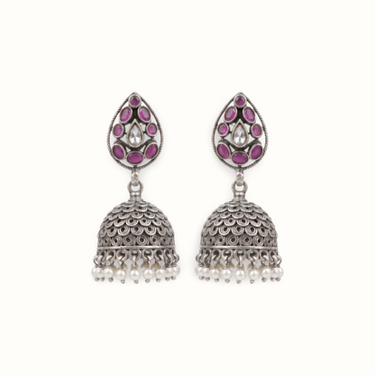 Full Drama — Ruby & Kundan Jhumka in Oxidised Silver