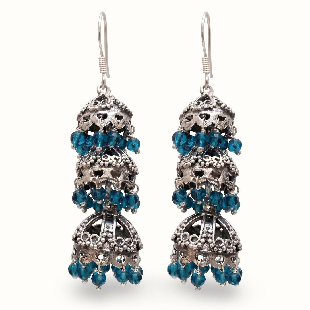 Triple Threat — Three-Tier Jhumka in Oxidised Silver with Firoza Crystals
