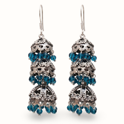 Triple Threat — Three-Tier Jhumka in Oxidised Silver with Firoza Crystals