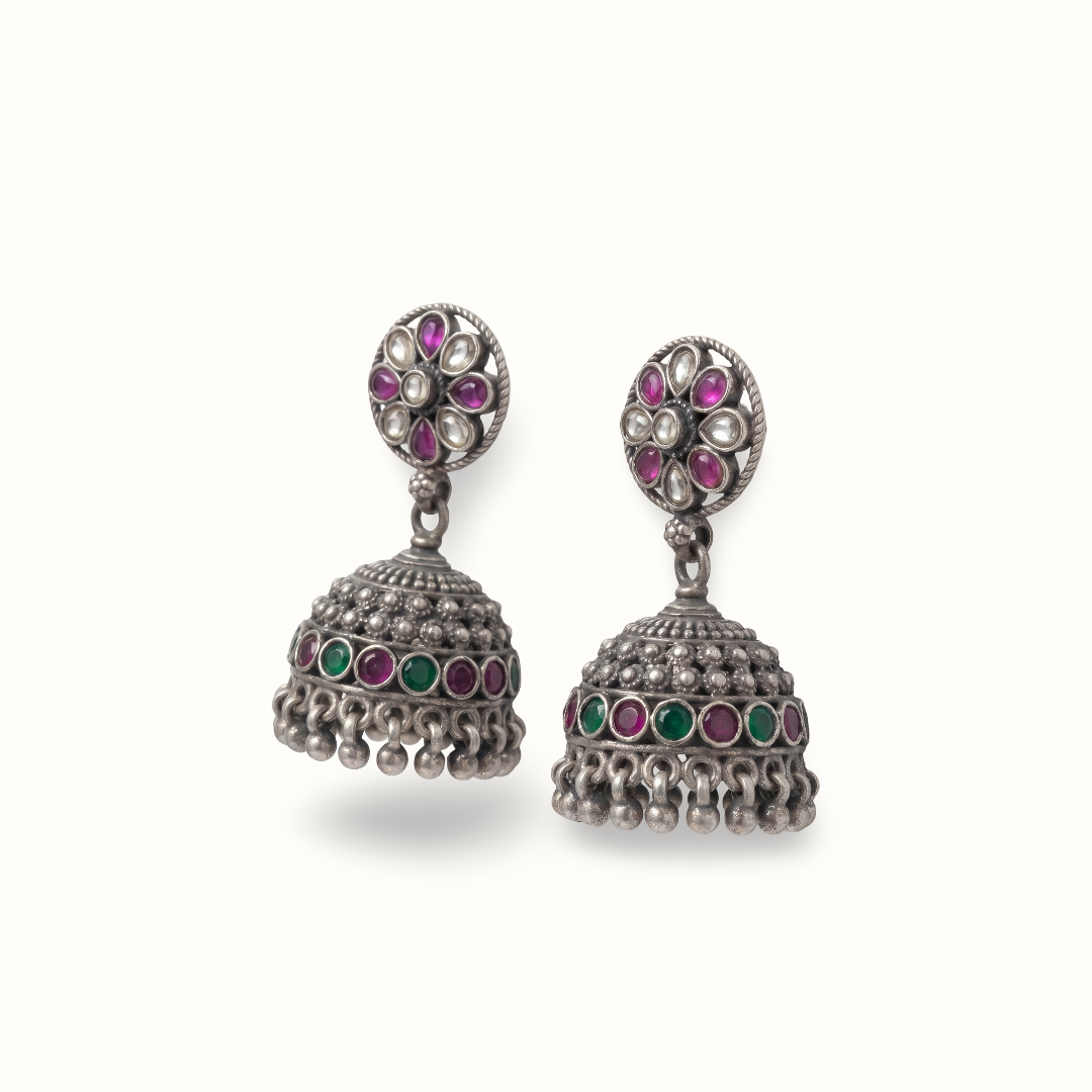Flower Power — Kundan Jhumka in Oxidised Silver