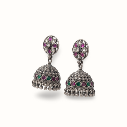 Flower Power — Kundan Jhumka in Oxidised Silver